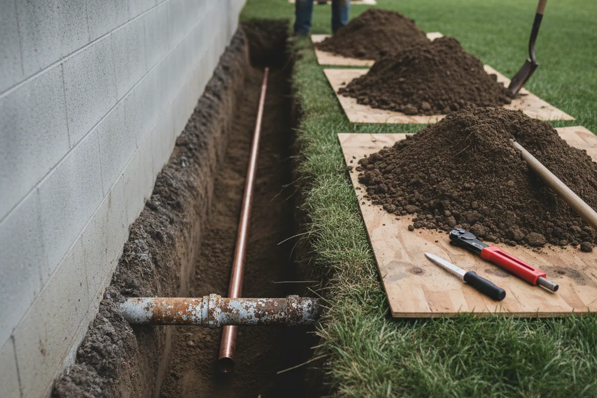Excavated water line trench during Sewer Line Repair in Inez